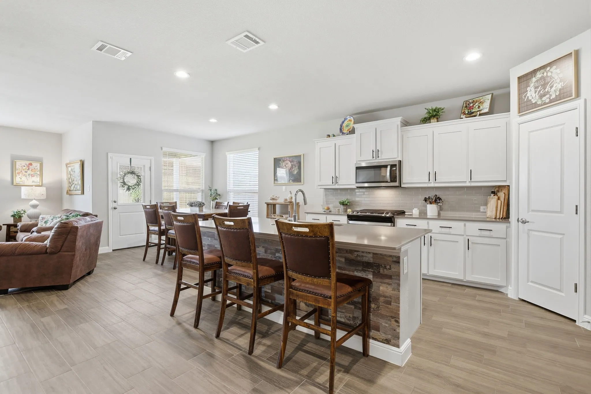 The corner pantry offers plenty of storage space.