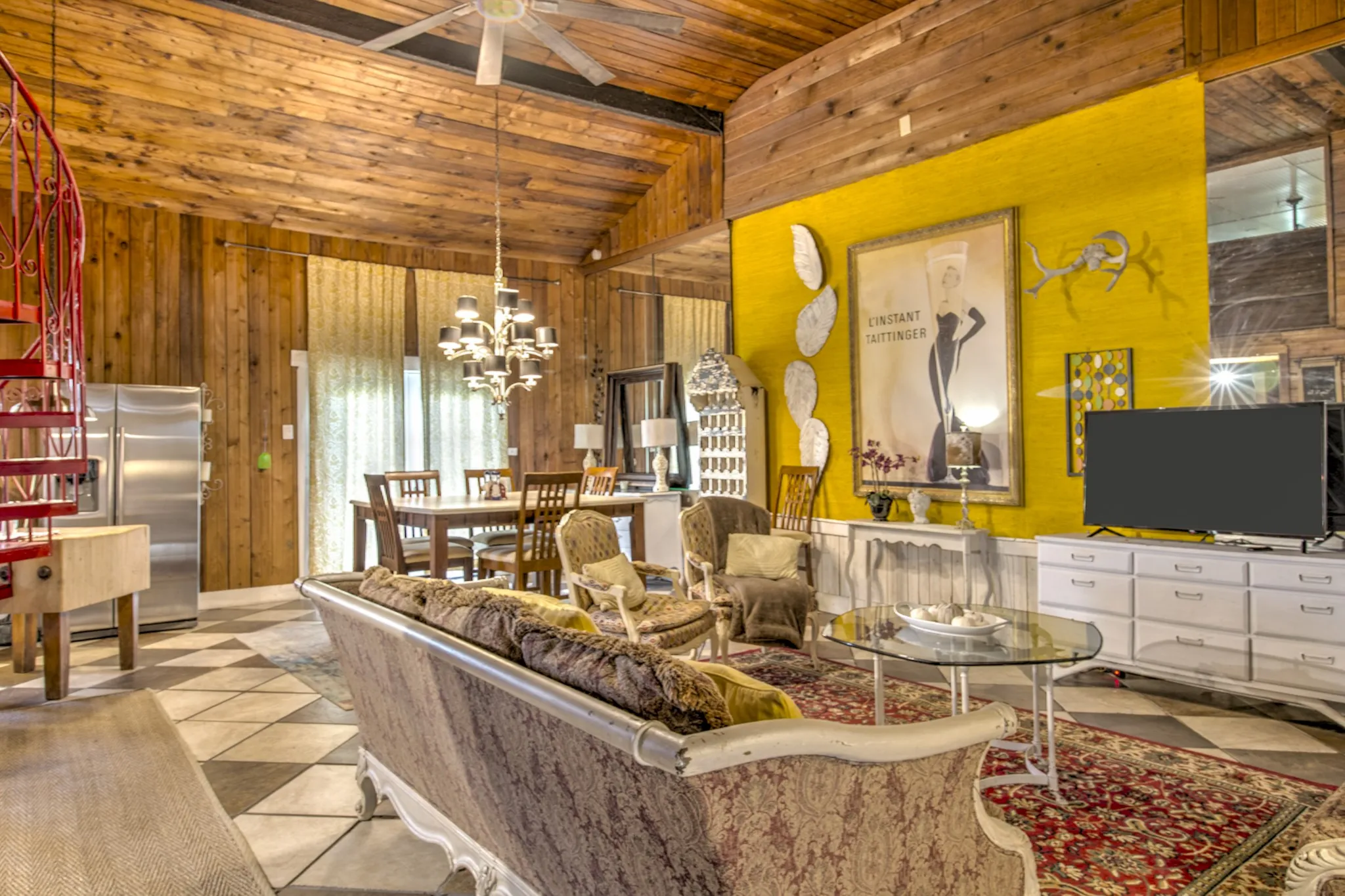 Soaring wood-beamed ceilings.