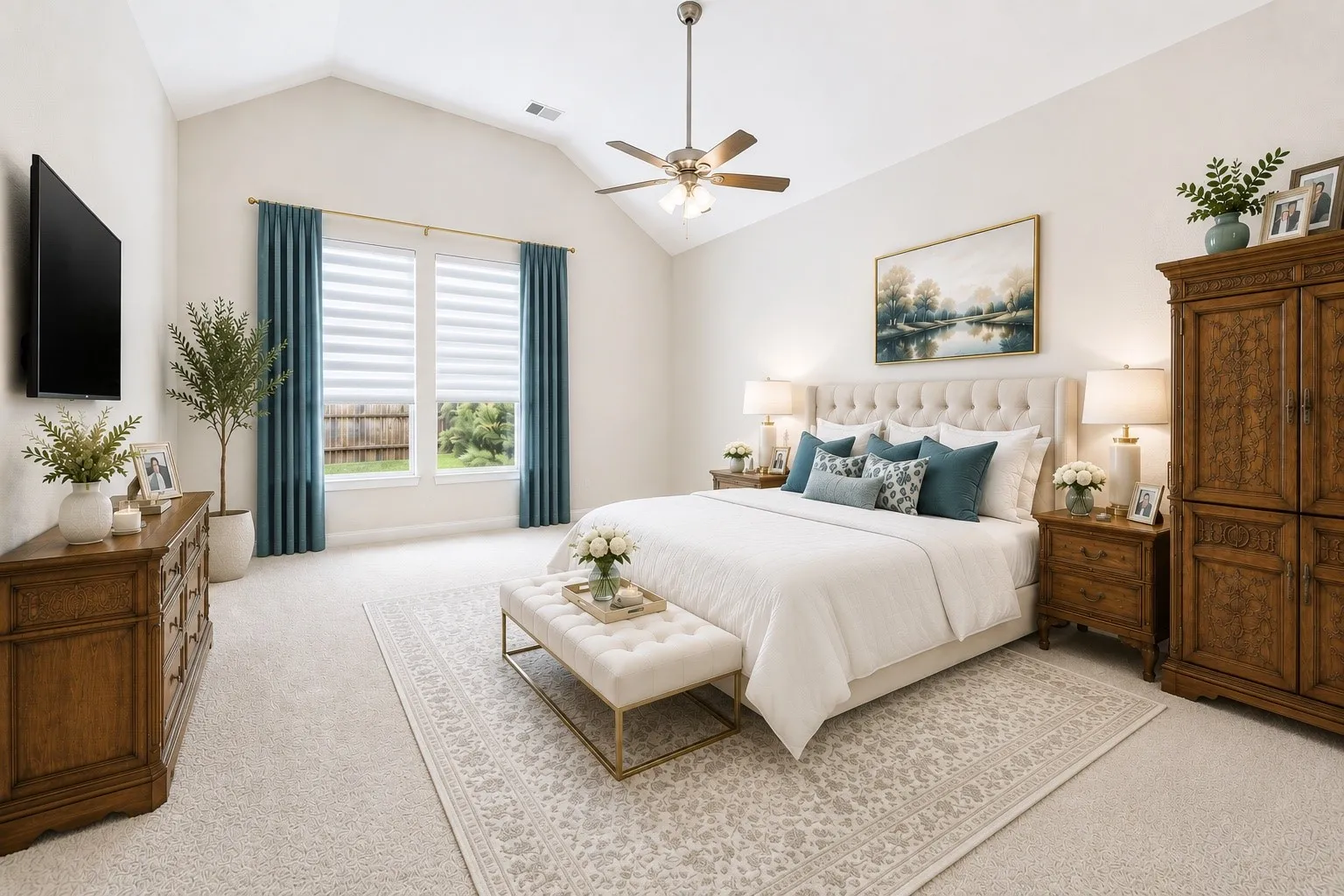 Master bedroom featuring a ceiling fan, dual large windows with blinds and drapes, and plush carpeting