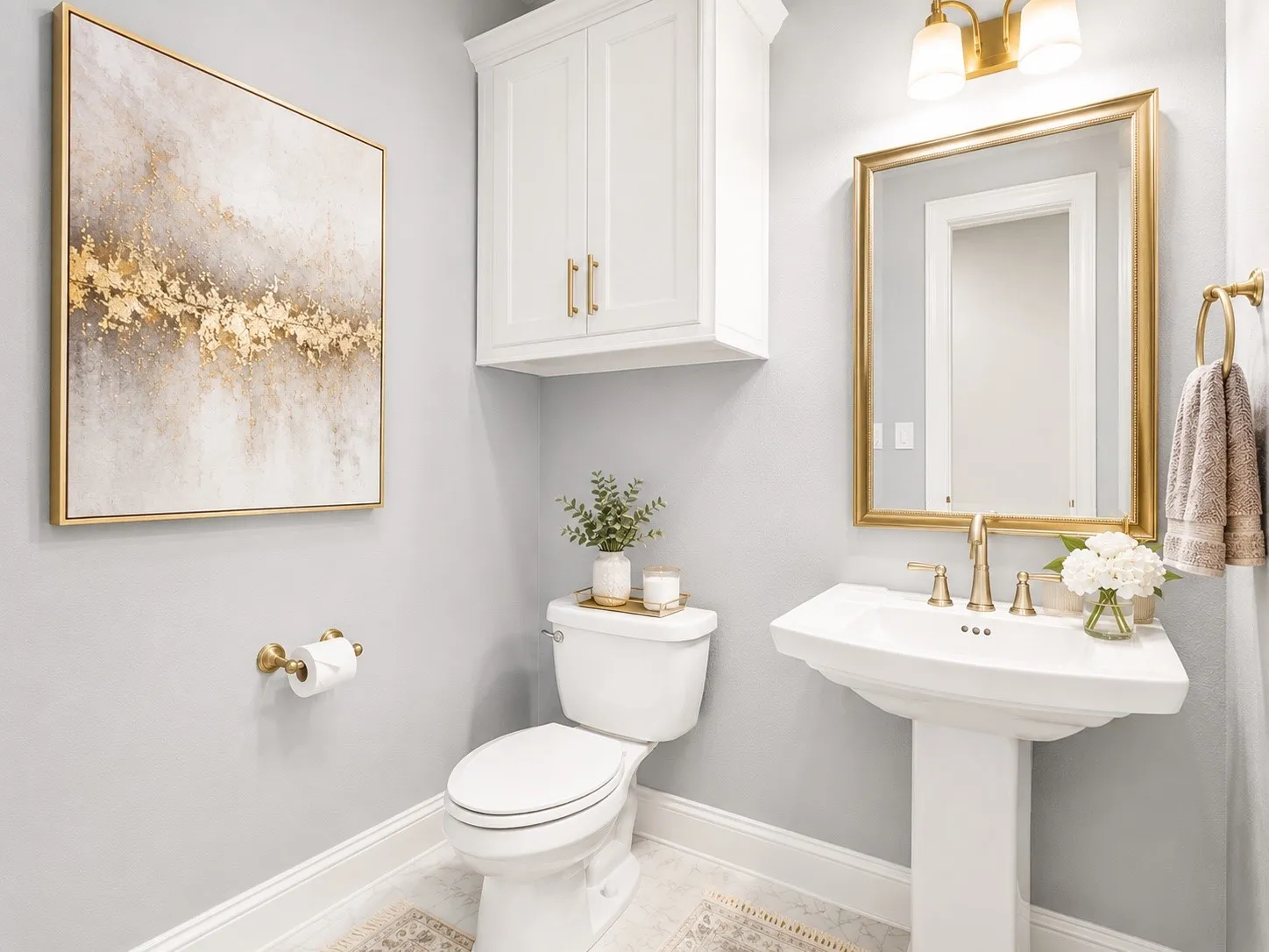 Half bath Pedestal sink with brass-finish faucet, framed mirror, and wall-mounted light fixture