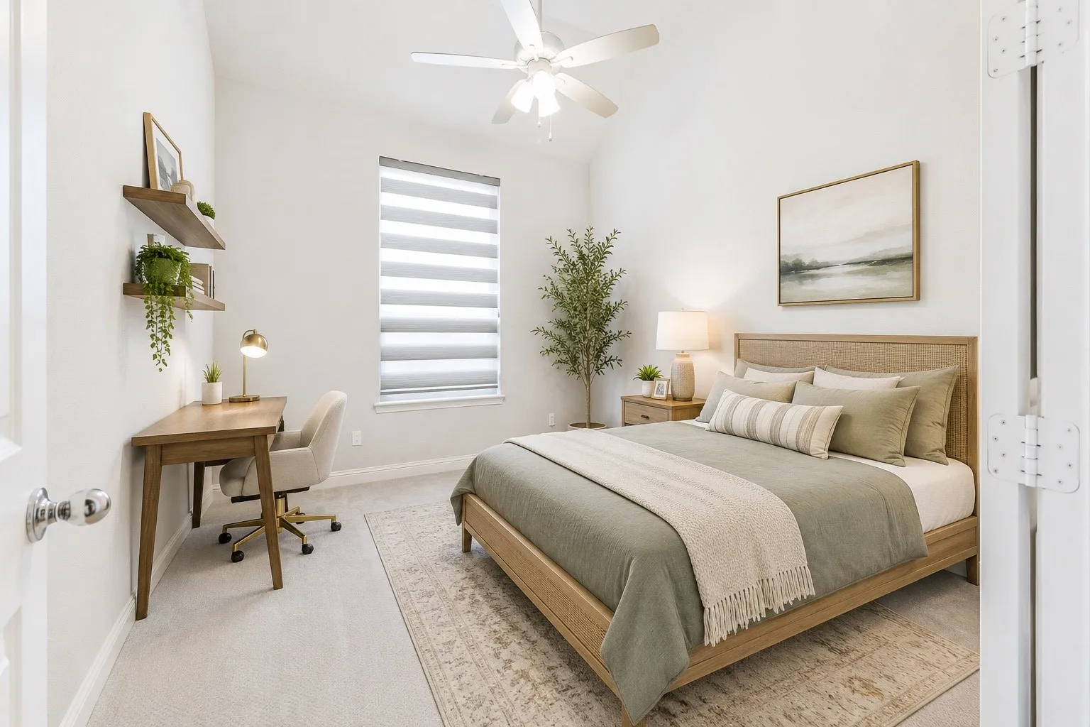 Vaulted ceiling bedroom featuring a ceiling fan, light gray carpeting, and a window with horizontal blinds