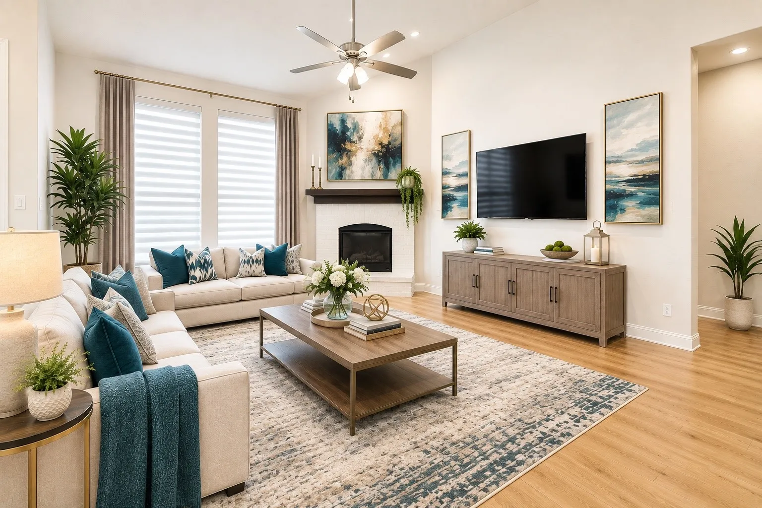 Living room featuring high ceilings, a fireplace with a white mantel, and wood-finish flooring