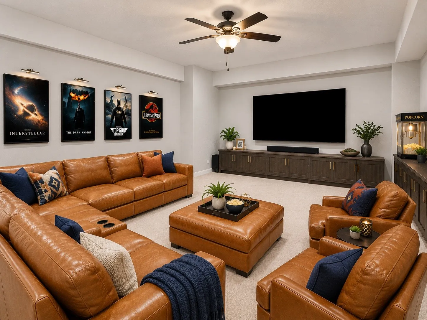 Spacious media or entertainment room featuring recessed ceiling lights, a ceiling fan with integrated lighting, built-in media cabinetry, and a full wall dedicated to media display