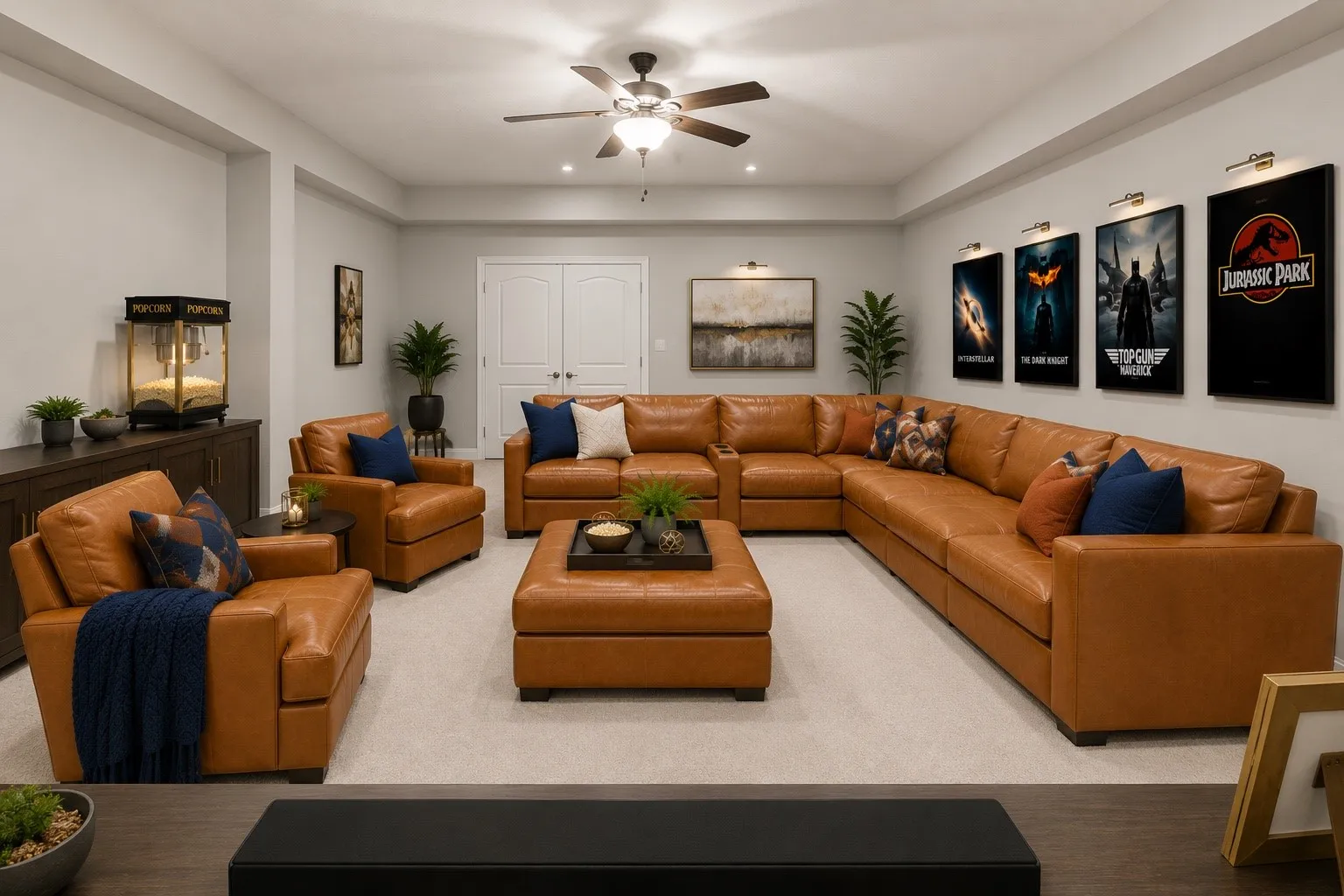 Spacious media room featuring light-colored carpeting and recessed lighting