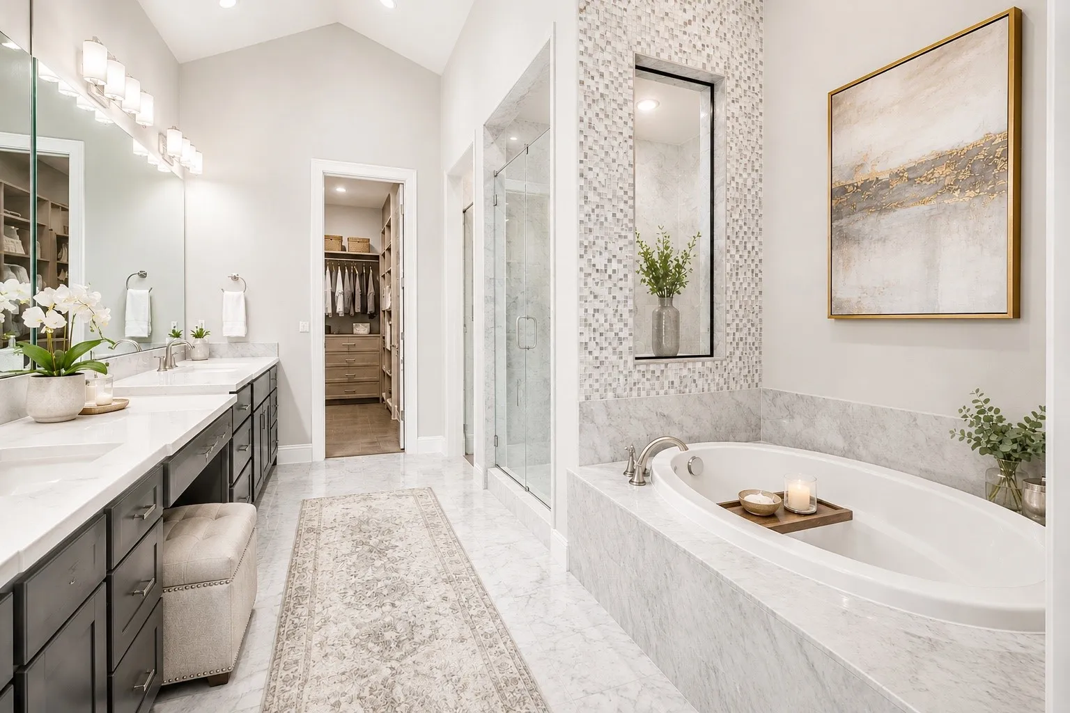 Vaulted ceiling bathroom featuring a built-in soaking tub with marble surround, dual vanity with white countertops, glass-enclosed shower, and a walk-in closet with built-in shelving