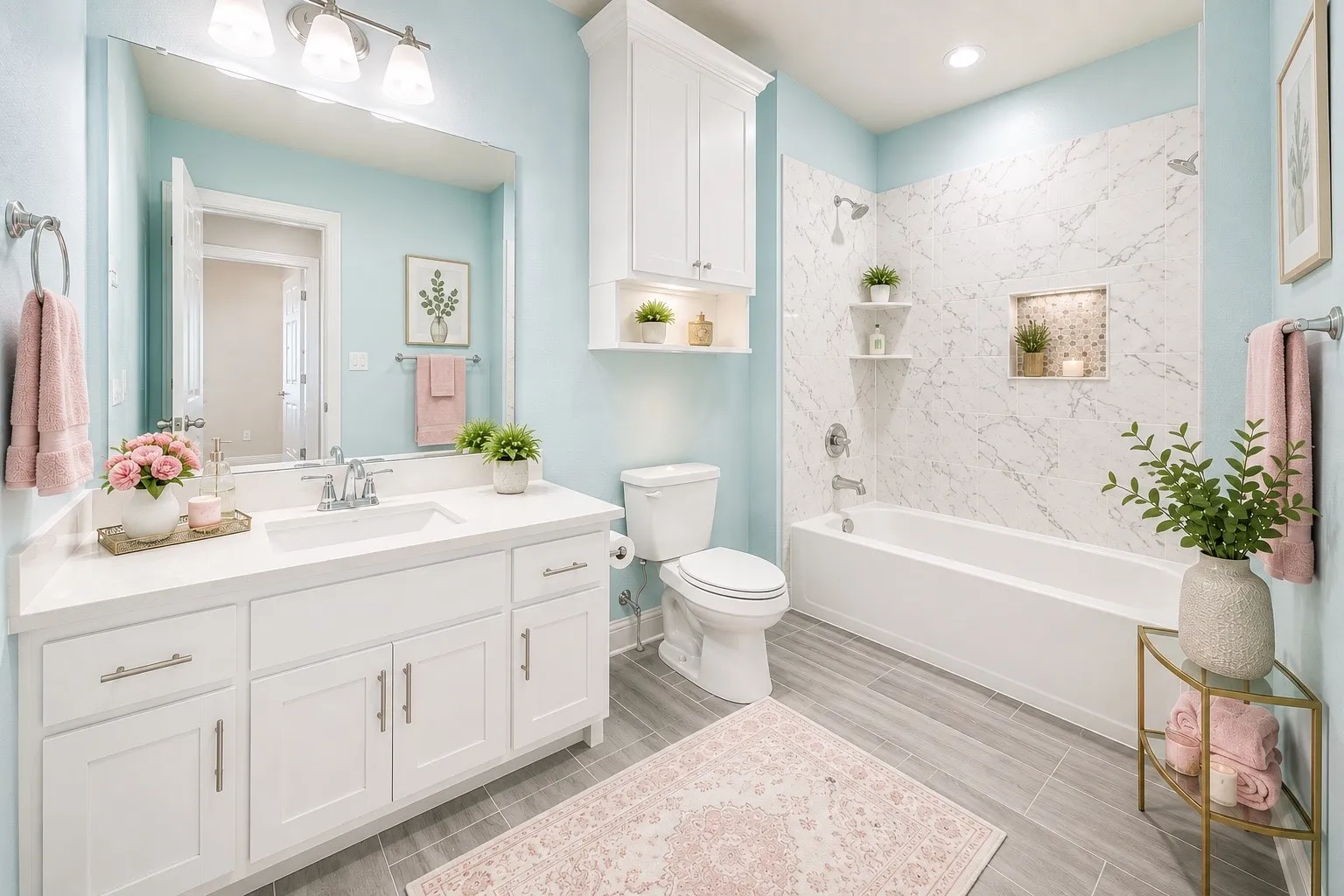 Bathroom featuring a white vanity with an integrated sink, polished chrome fixtures, and a large unframed mirror