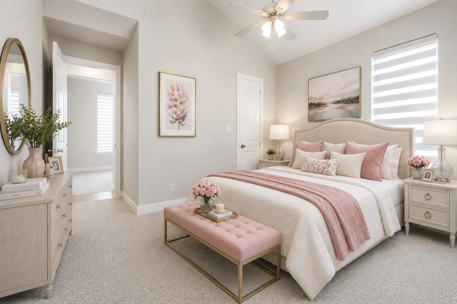 Carpeted bedroom featuring vaulted ceilings, a ceiling fan, and a neutral color palette