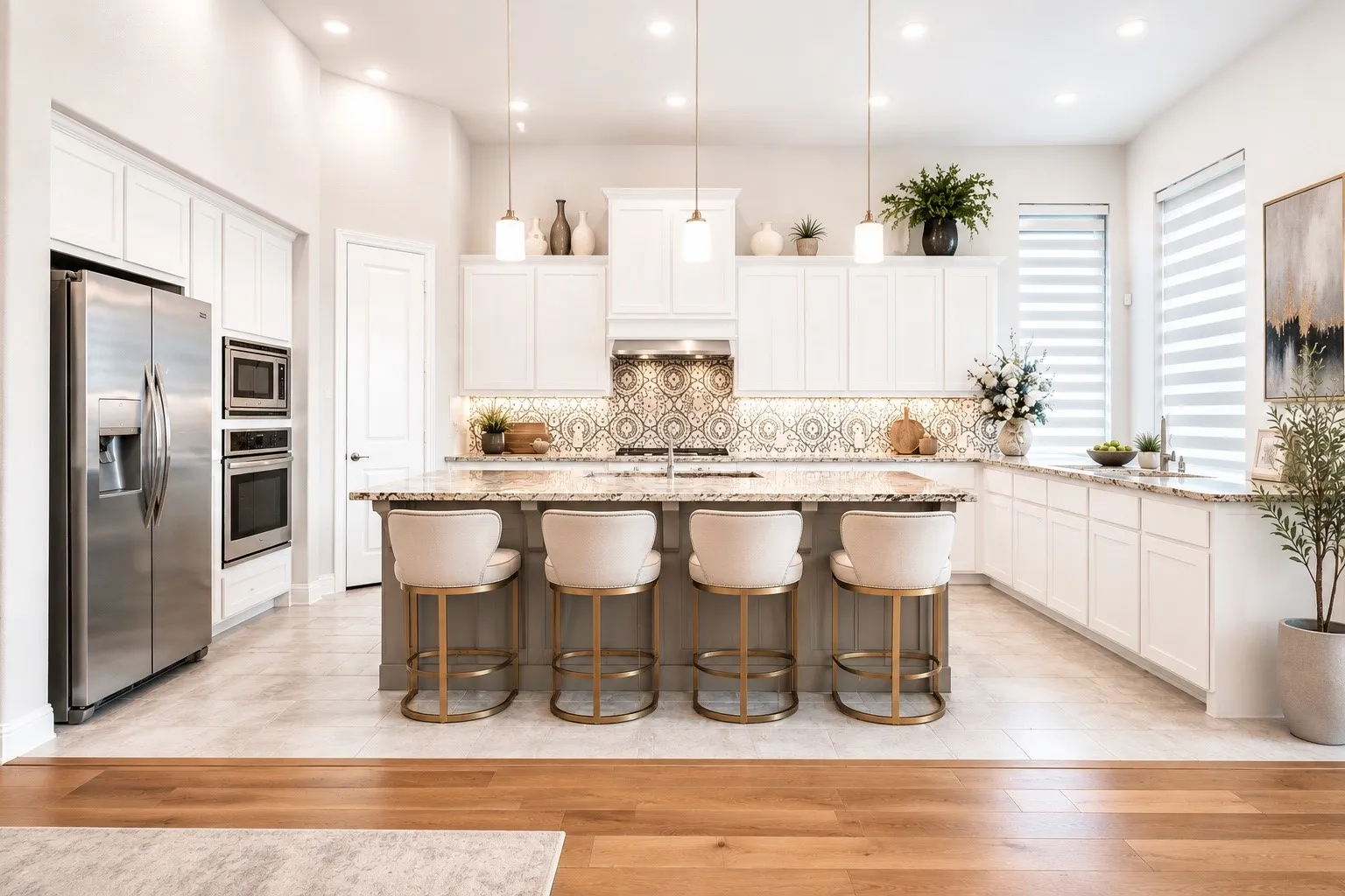 Gourmet kitchen featuring a large island, patterned tile backsplash, stainless steel appliances, abundant white cabinetry, and recessed lighting