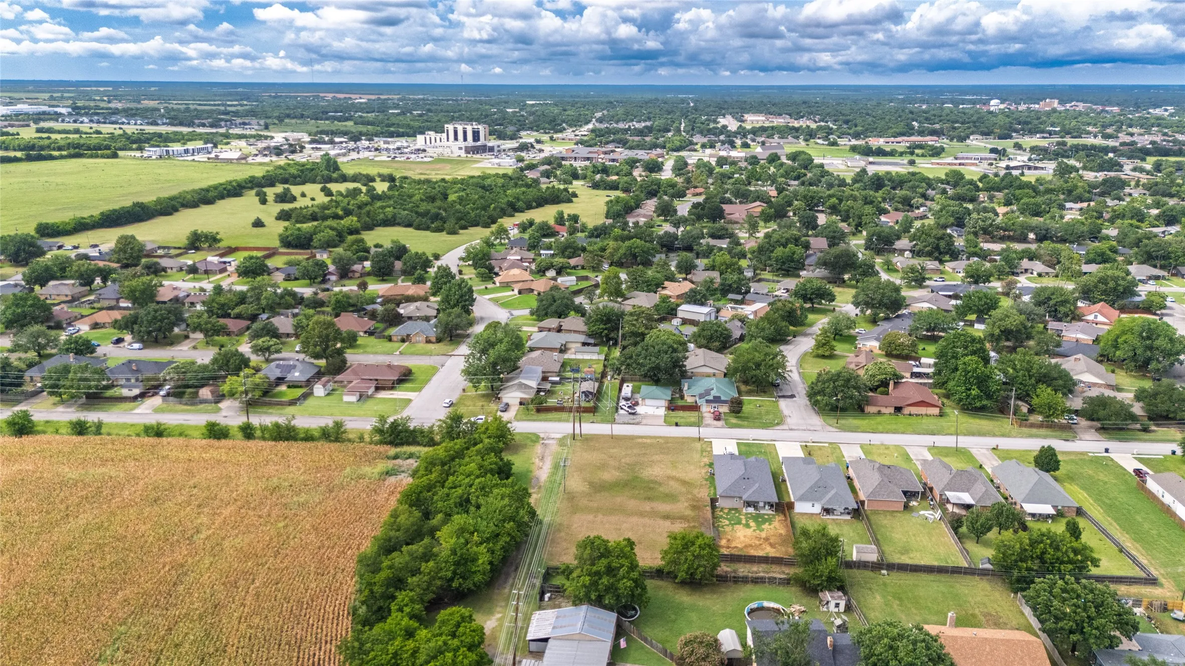 Expansive aerial capturing a suburban neighborhood with mature trees and a distant commercial structure