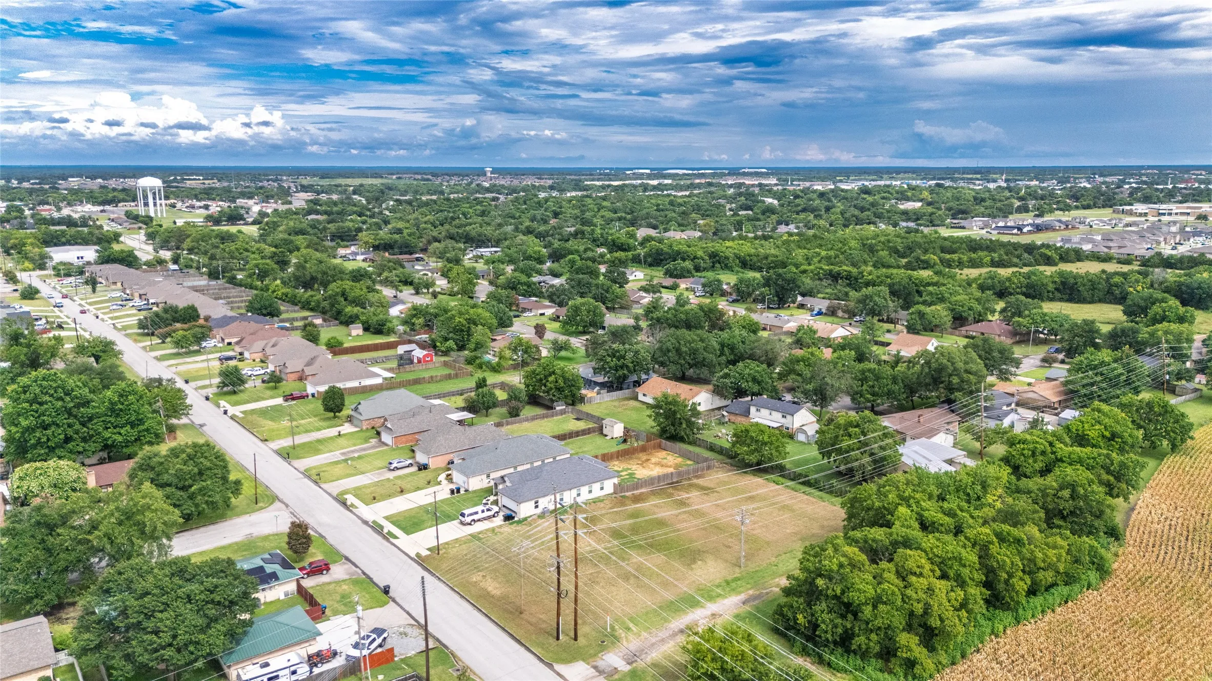 Aerial perspective showcasing a developed residential area with numerous single-family homes and mature trees