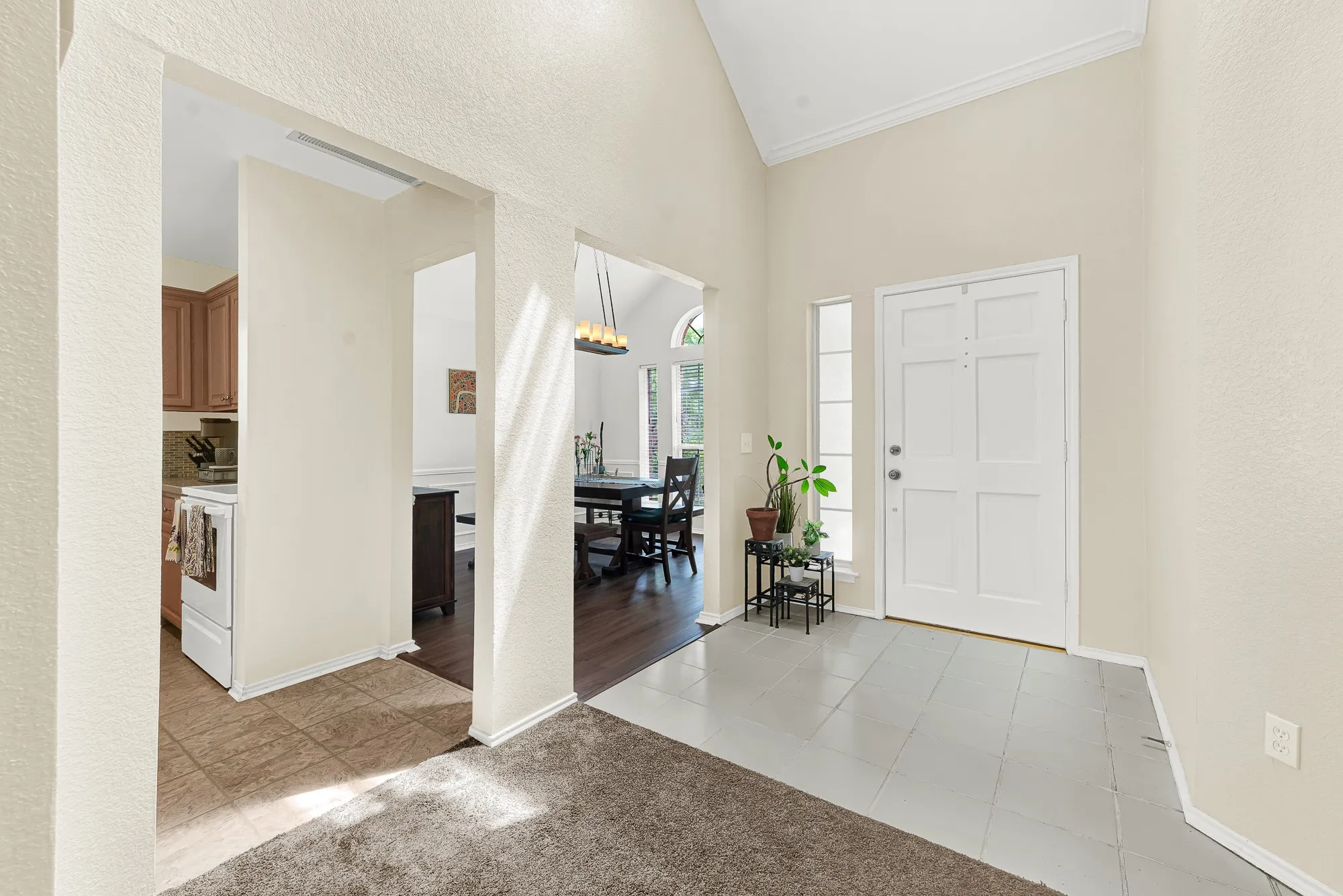 Entryway featuring a vaulted ceiling and a white multi-panel door with a sidelight