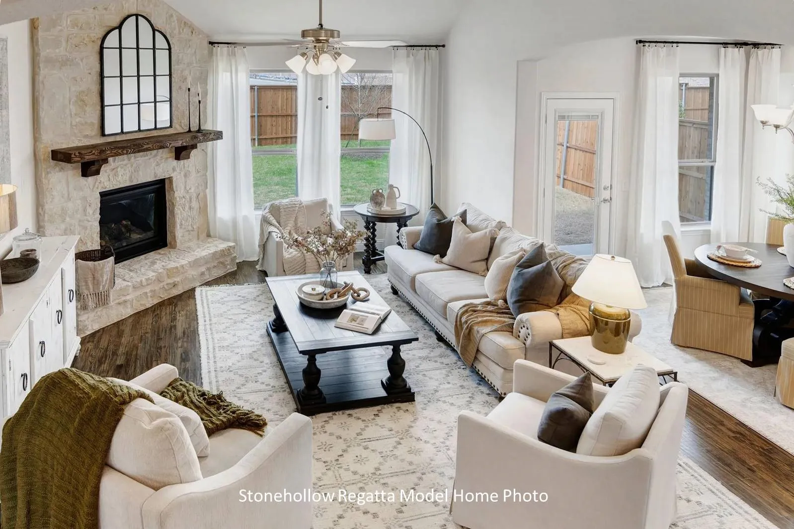 Opens to the kitchen and dining area
