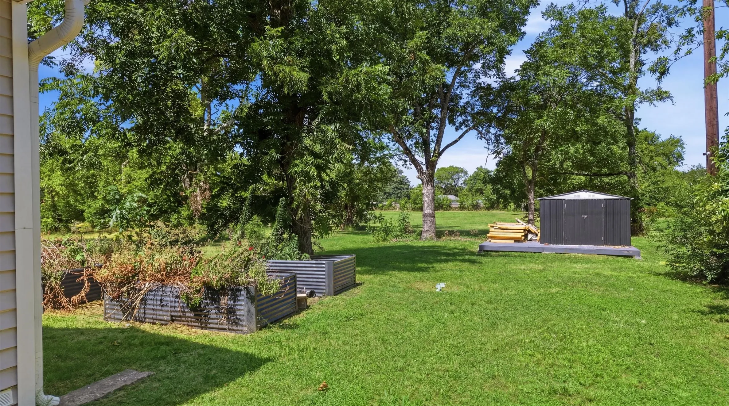 Expansive green lawn with mature trees and a metal storage shed on a raised platform