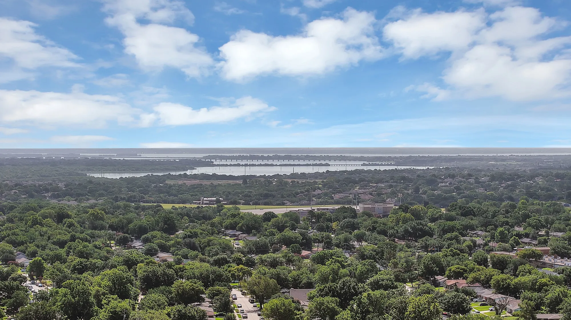 Expansive aerial perspective showcasing a widespread residential area surrounded by abundant mature trees and a distant body of water