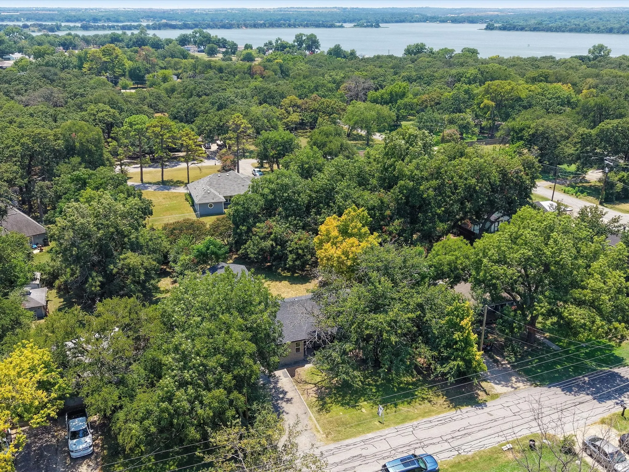 Aerial perspective of a verdant neighborhood with dense tree coverage