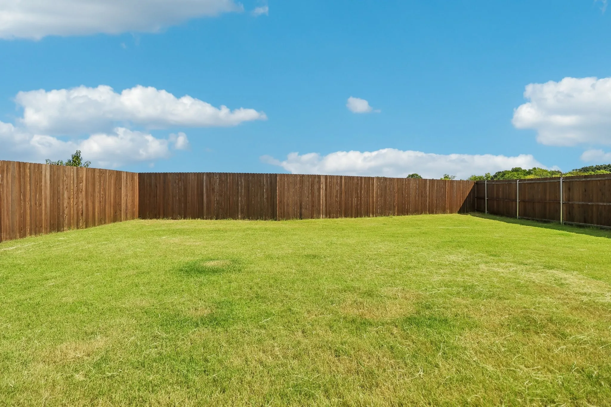 Expansive grassy yard enclosed by a tall privacy fence, featuring natural wood paneling and corner configuration