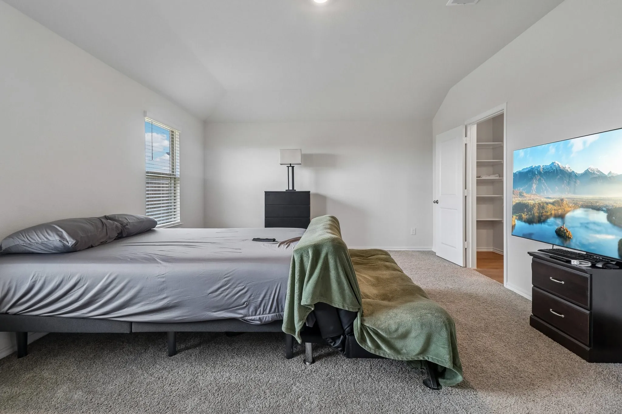 Carpeted room with a window featuring horizontal blinds and white walls