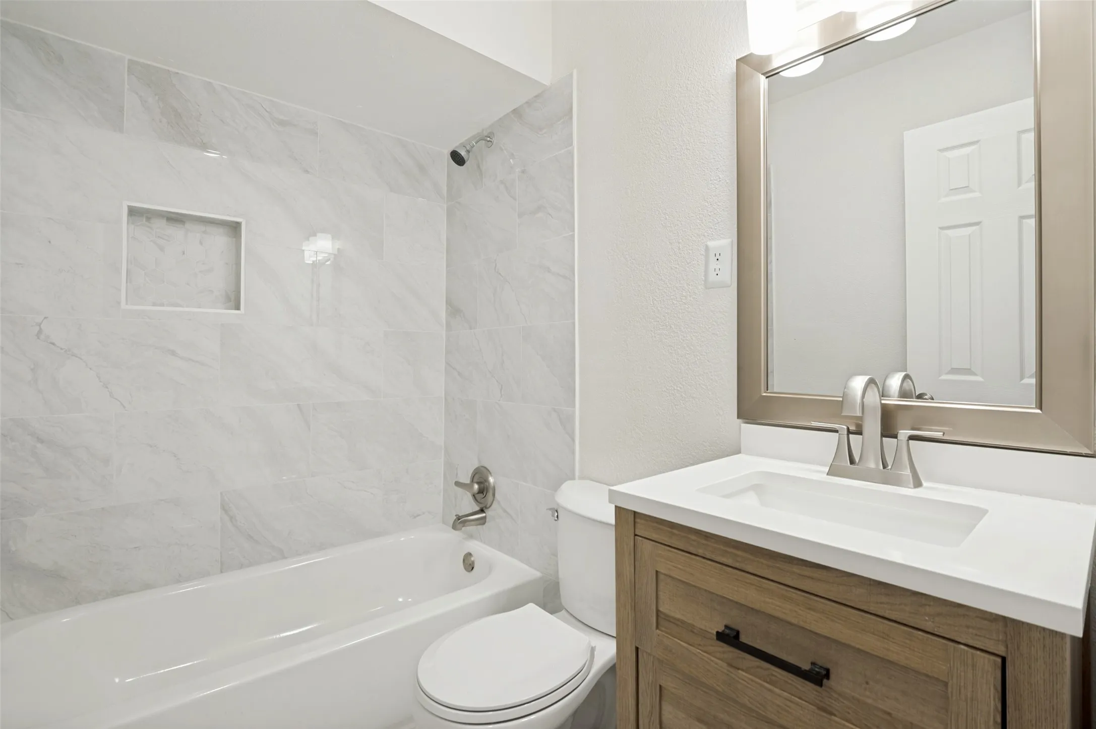 Guest bathroom with custom vanity and new lighting