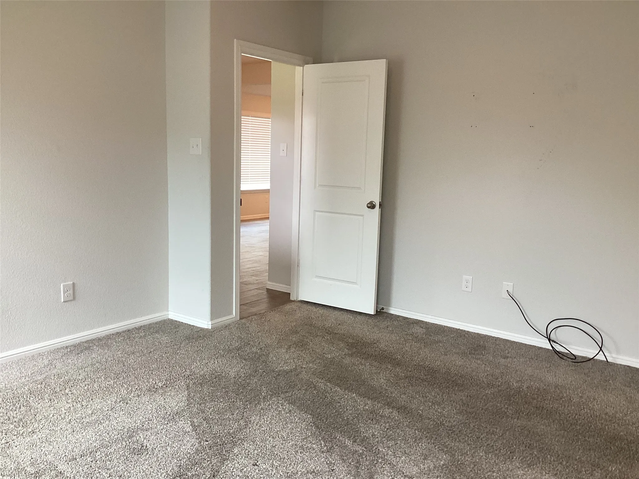 Carpeted interior space featuring light gray walls, white baseboards, and a white interior door with a silver knob