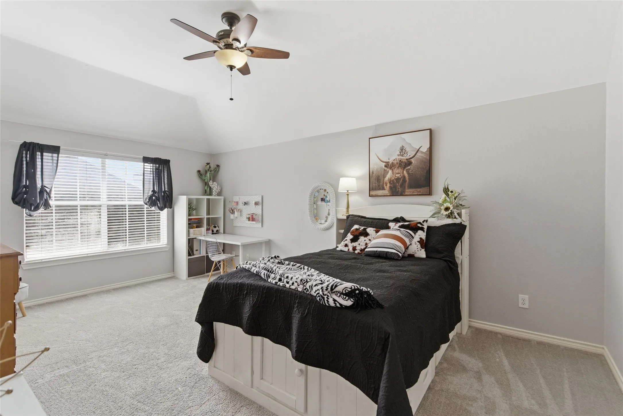 Spacious room featuring vaulted ceilings, a large window with blinds, carpeted flooring, a ceiling fan with integrated lighting, and a built-in bed frame with storage