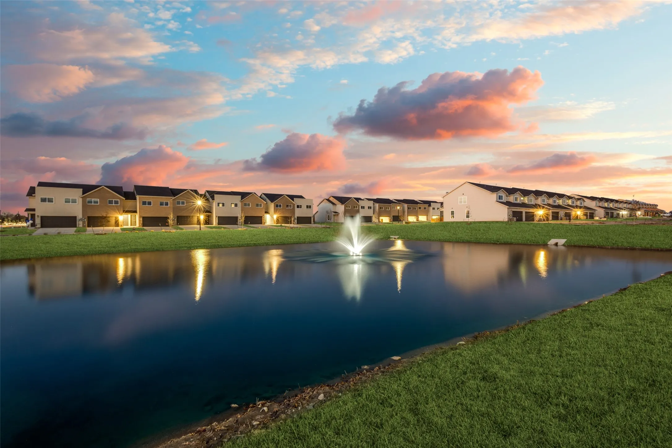 Community pond with a decorative water feature
