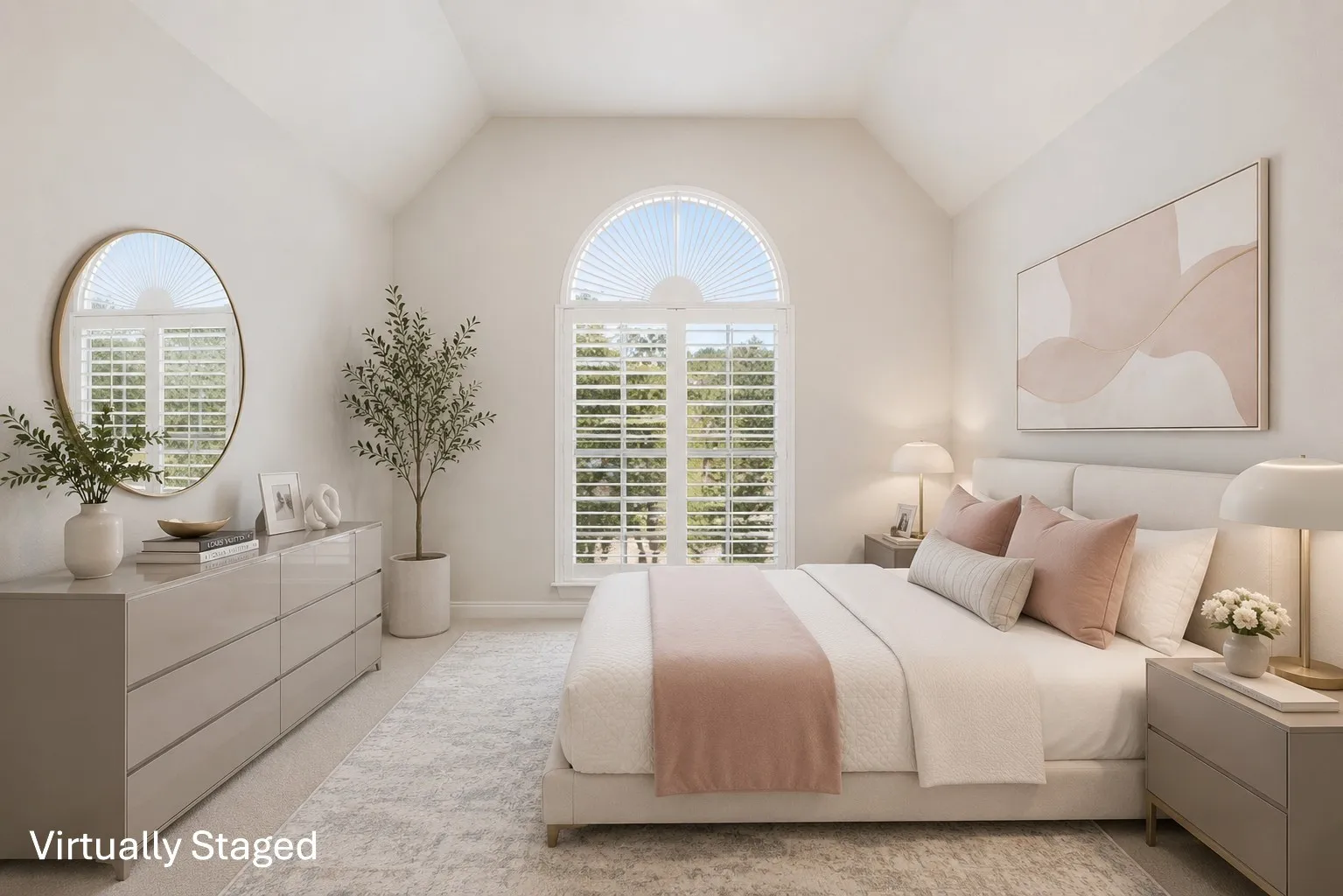 Second floor bedroom with vaulted ceilings and brand new carpet