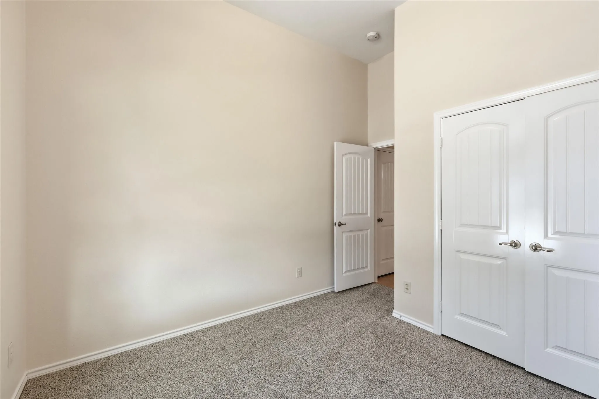 Interior room featuring light neutral wall paint, white trim, and gray speckled carpeting