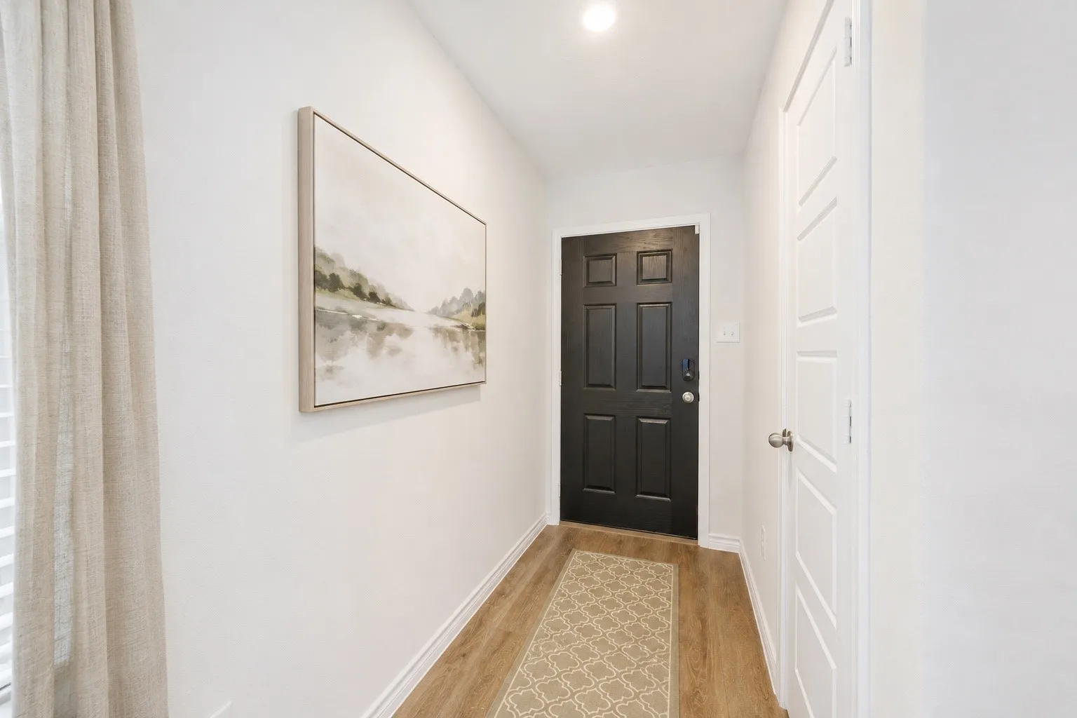 Entryway featuring a dark paneled door, light wood-finish flooring, recessed lighting, and white interior doors
