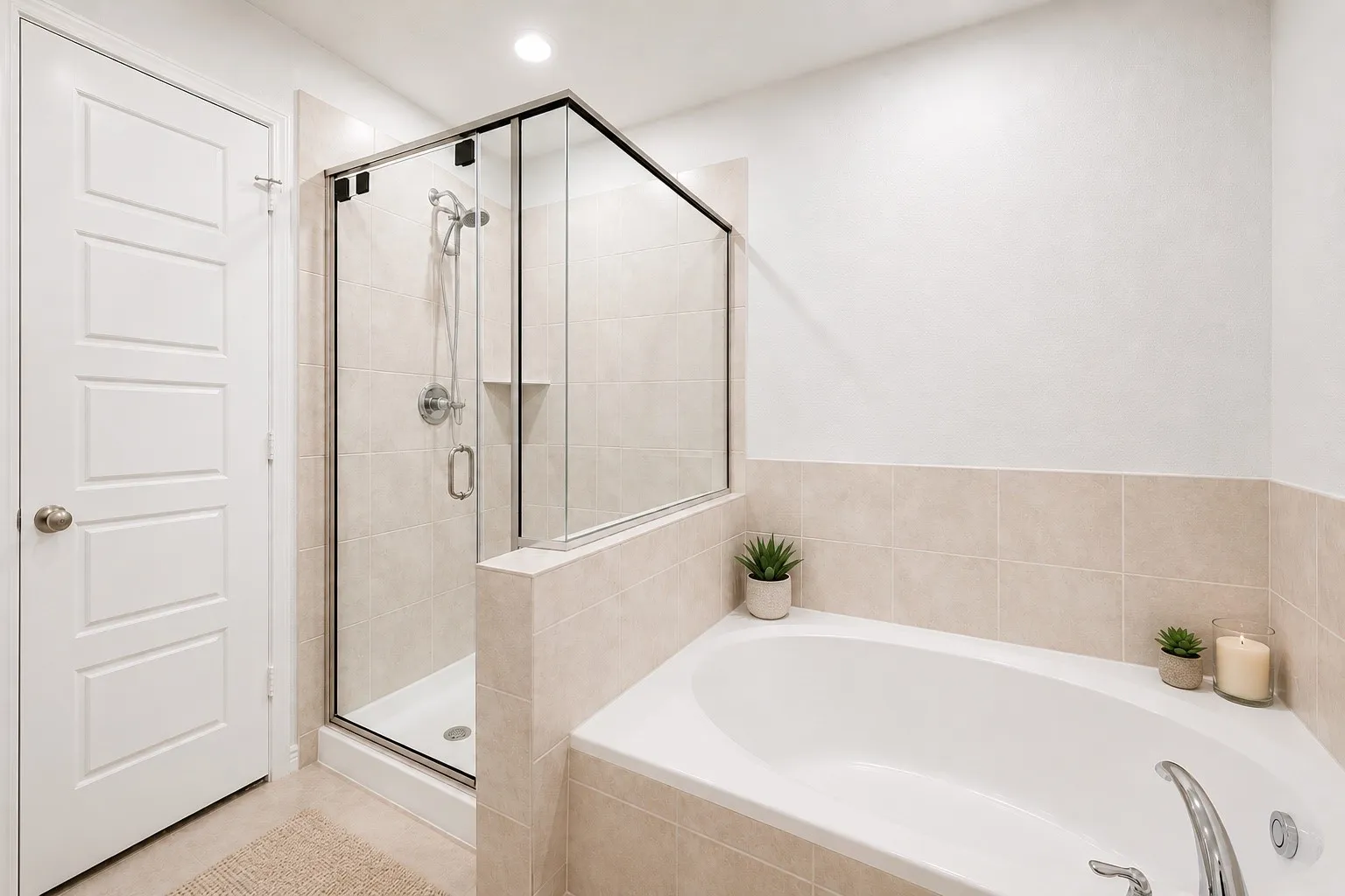 Tiled bathroom featuring a glass-enclosed shower, built-in shower niche, chrome fixtures, and a corner soaking tub with surrounding tile