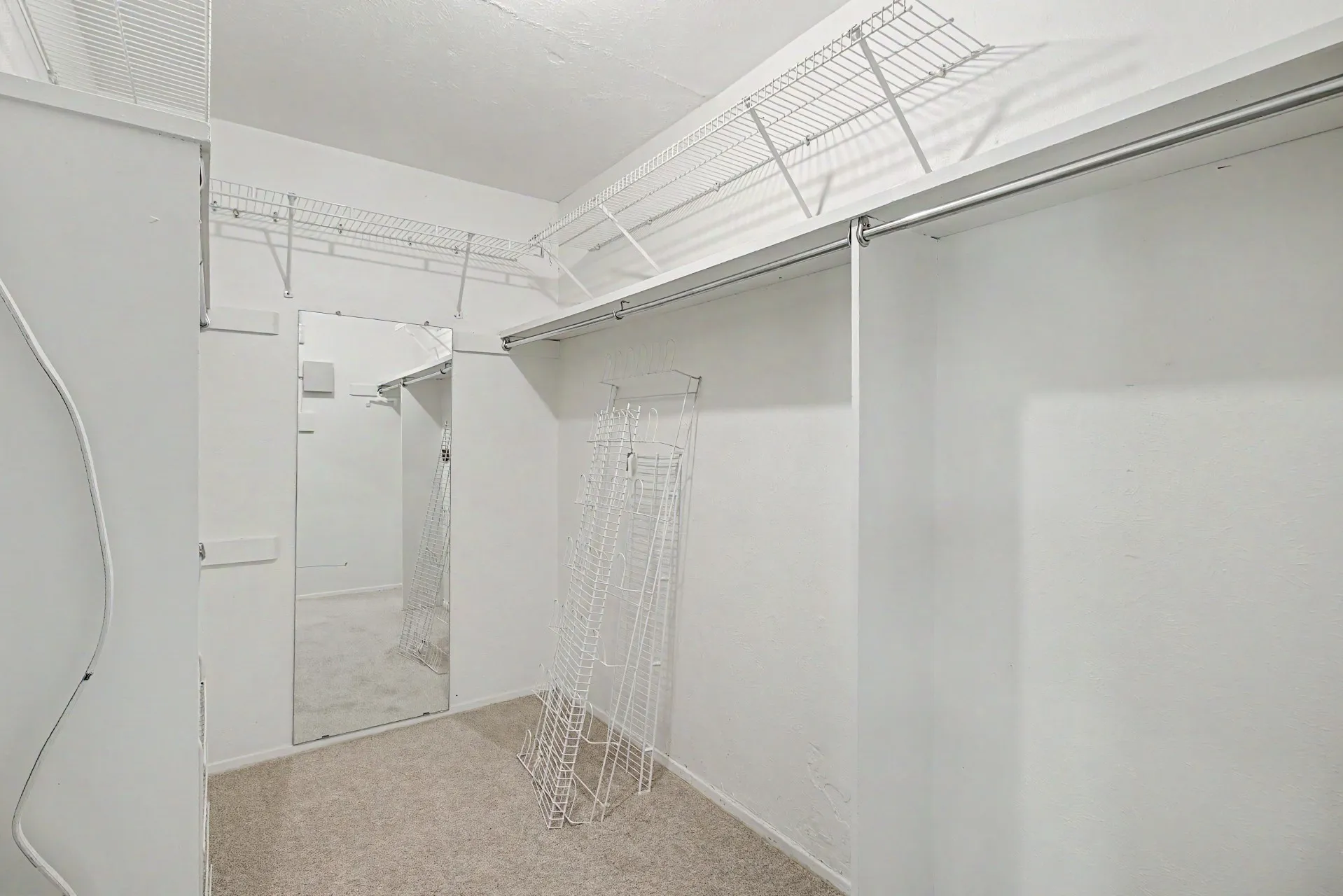 Walk-in closet featuring carpeted flooring, mirrored wall panel, wire shelving, and hanging rods