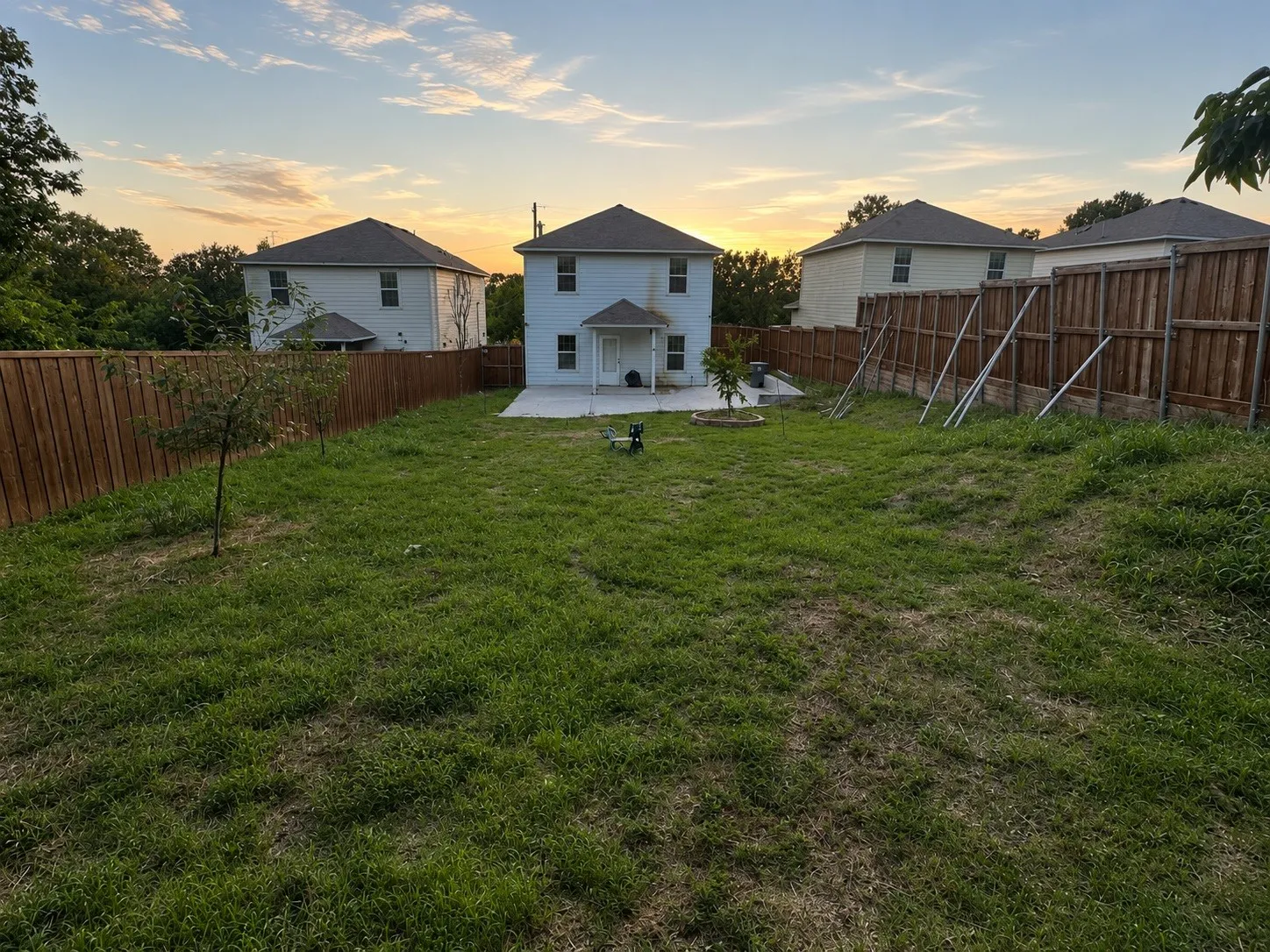 Expansive backyard featuring a privacy fence, concrete patio, and a dedicated planting area with a young tree