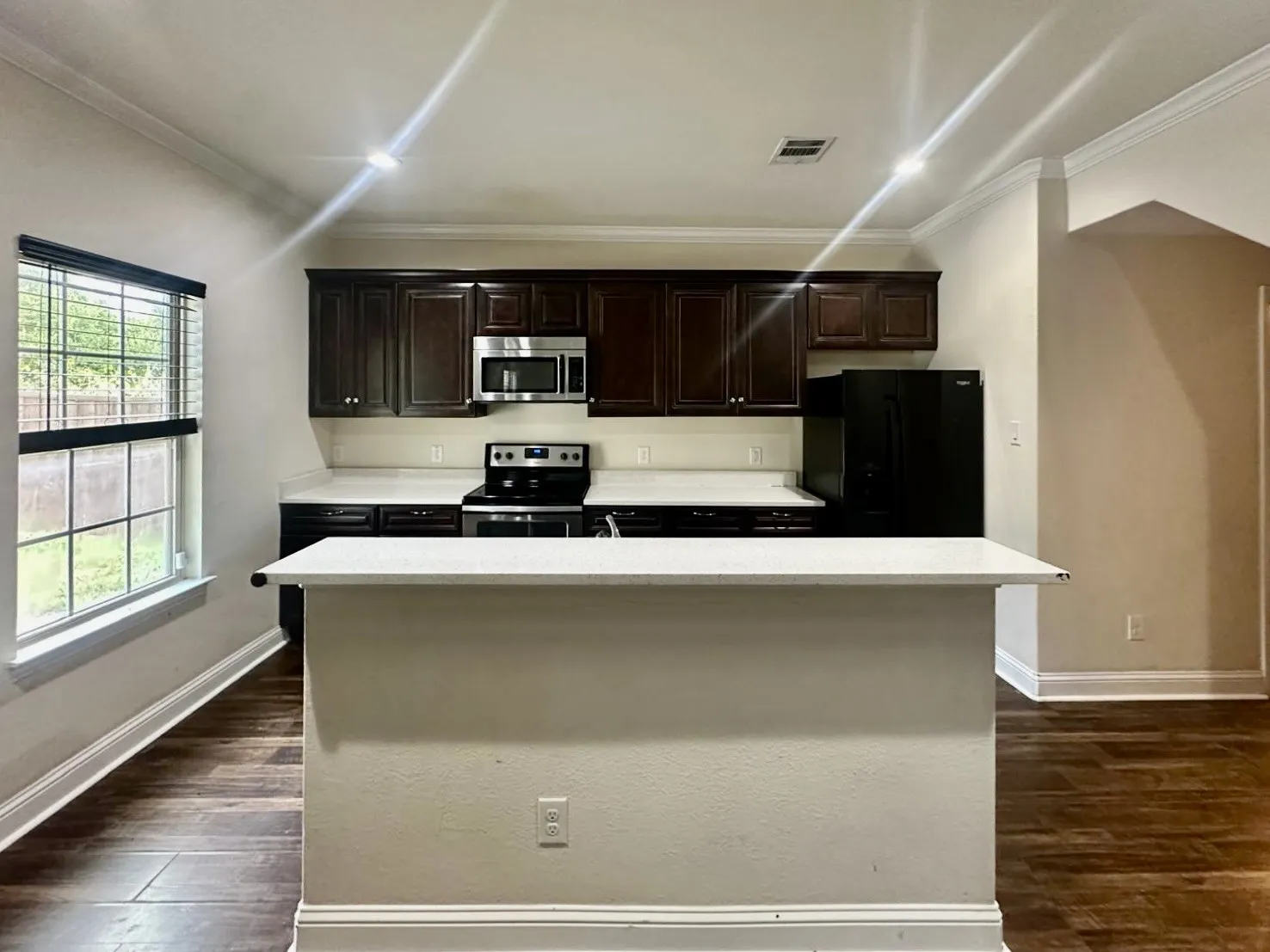 Contemporary kitchen featuring dark wood cabinetry, light-toned countertops, and wood-finish flooring