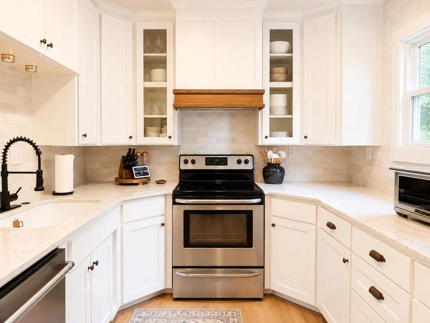 Kitchen featuring white cabinetry, light-toned countertops, stainless steel appliances, and a tiled backsplash