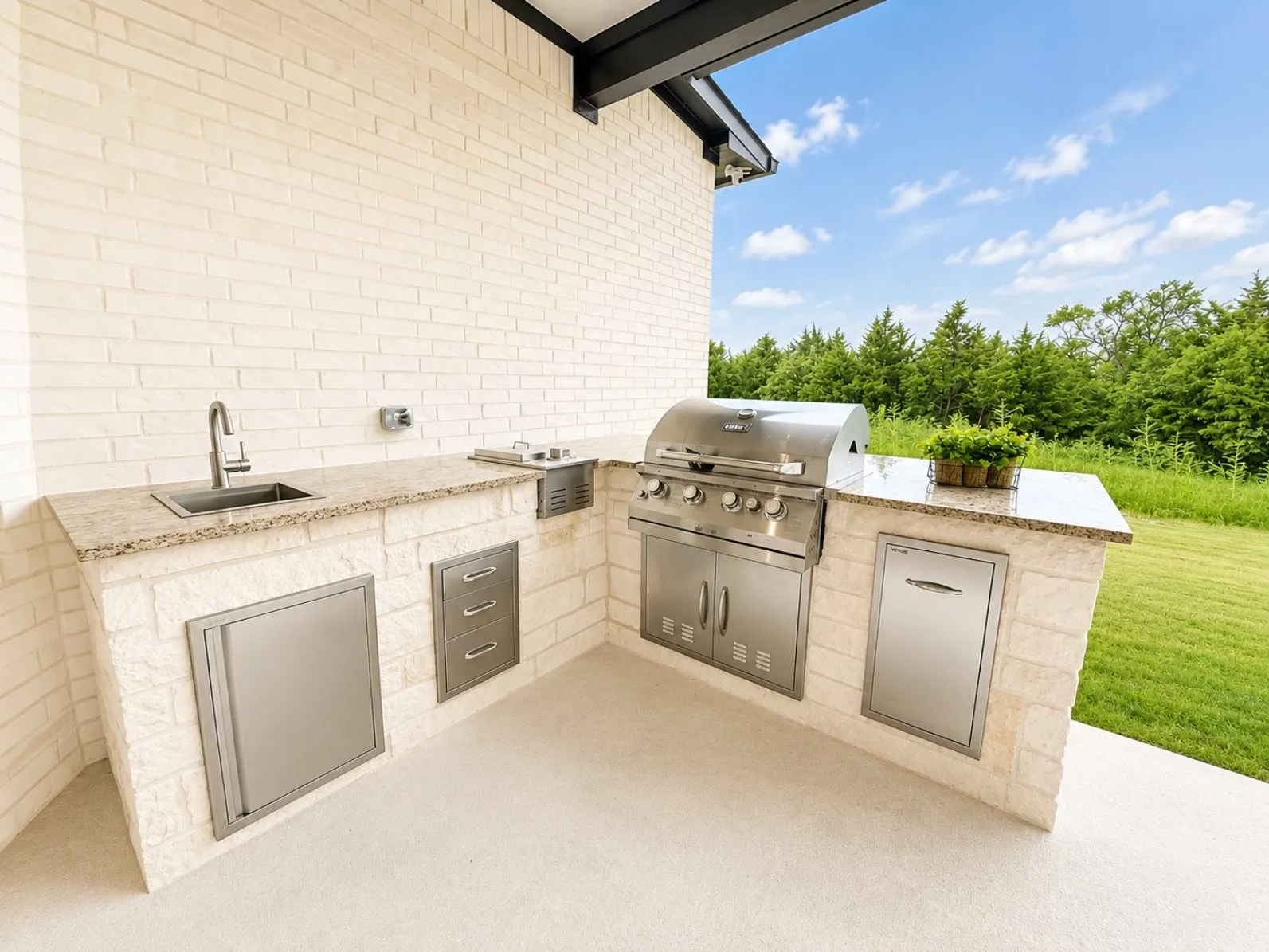 Outdoor kitchen featuring stone veneer base cabinetry, stainless steel sink, built-in gas grill, granite countertops, and integrated storage