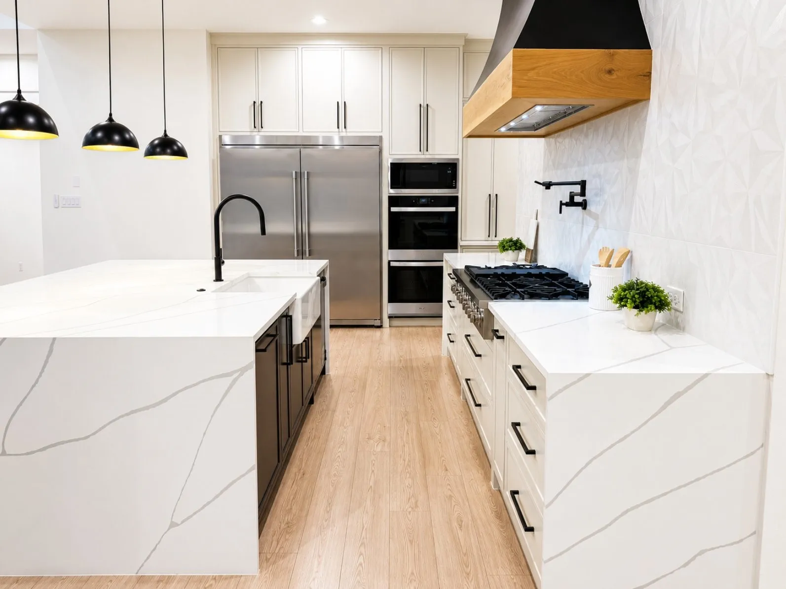 Gourmet kitchen featuring a large central island with an undermount farmhouse sink, stainless steel appliances, a wood-accented range hood, a multi-burner gas range, and light wood-finish flooring