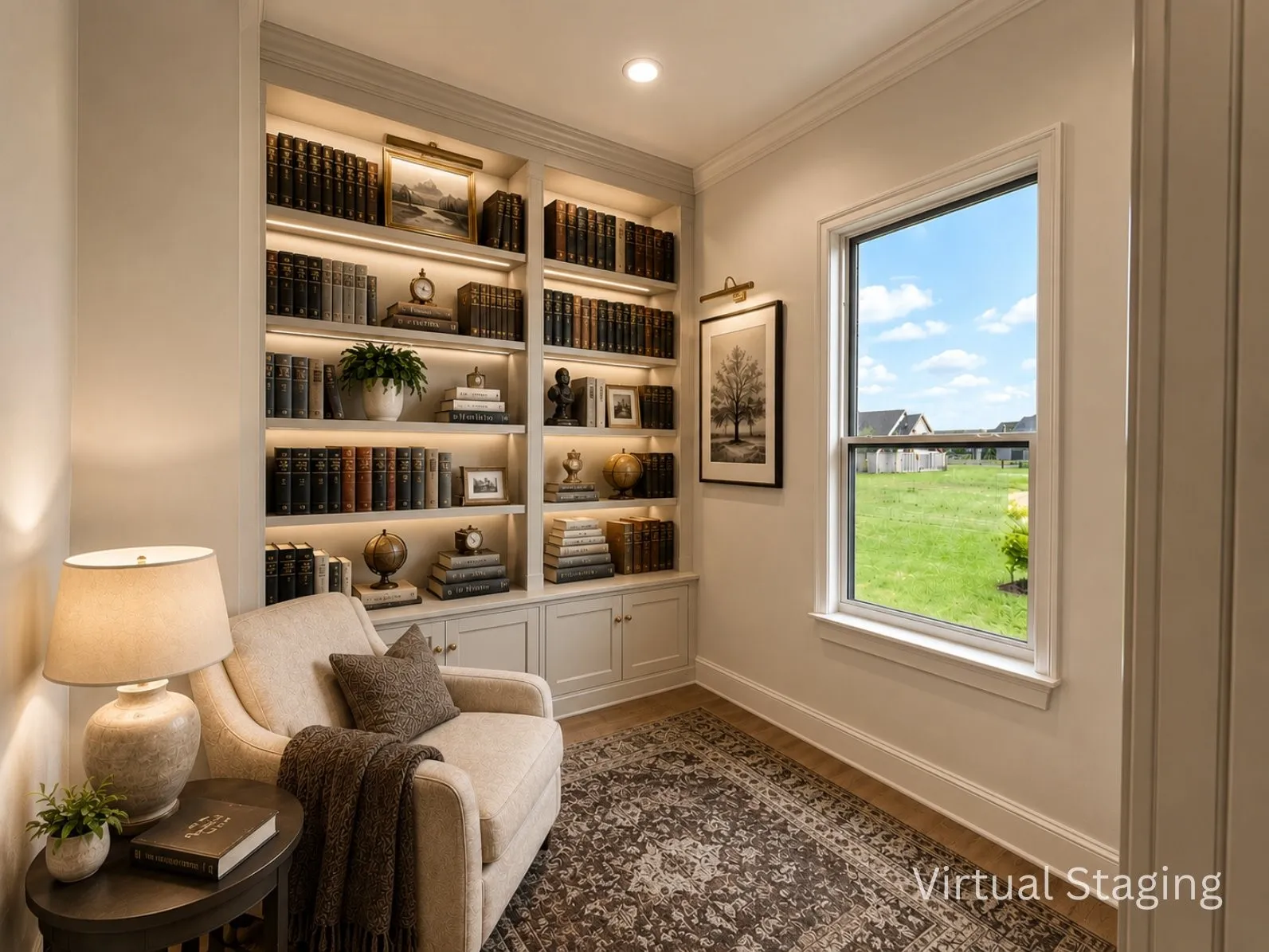 Virtually staged - library room with  integrated lighting, a single pane window, wood-finish flooring, and crown molding. Shelving is virtually staged.