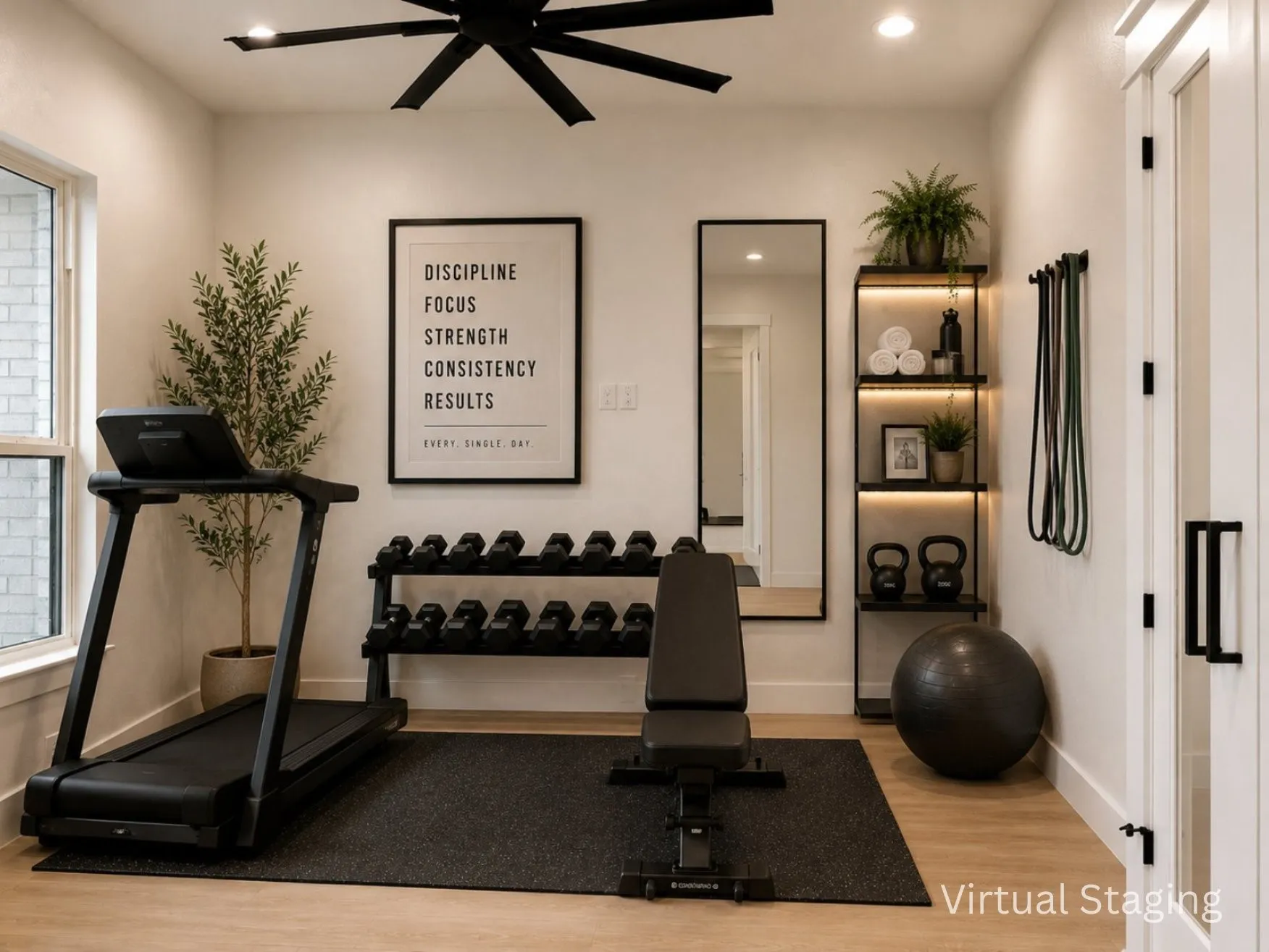 Virtually staged, Versatile room featuring light wood-finish flooring, a large window, recessed lighting, and a ceiling fan with black blades