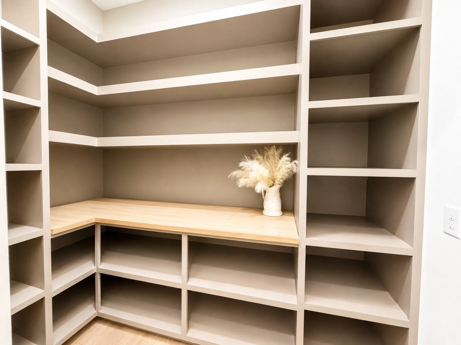 Built-in shelving with a wood-finish countertop, neutral paint finish, and light wood-finish flooring