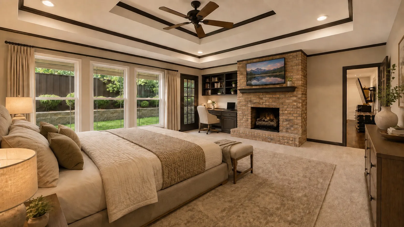 Tray ceiling with recessed lighting and a ceiling fan