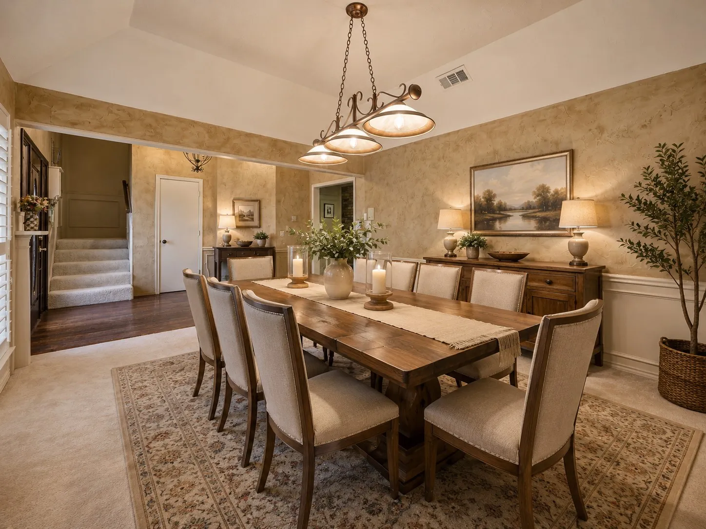 Dining area featuring a tray ceiling with a multi-light pendant fixture, textured wall finish, and wood-finish flooring
