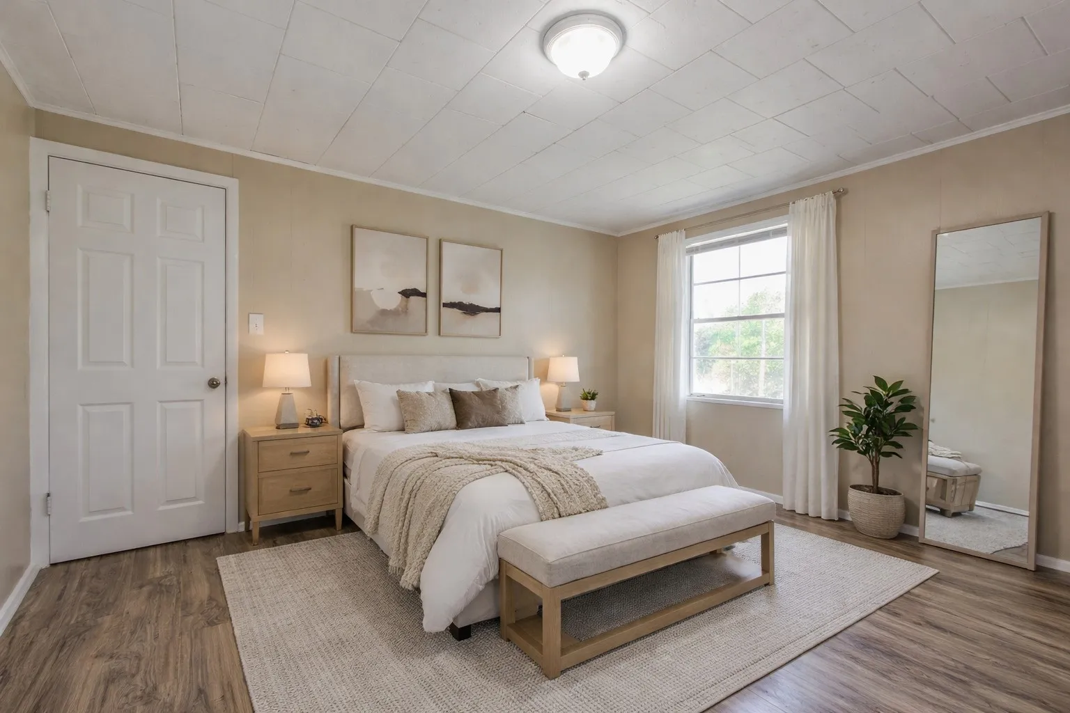 Bedroom with wood-finish flooring, neutral wall paint, and a white paneled doorAi Staged.