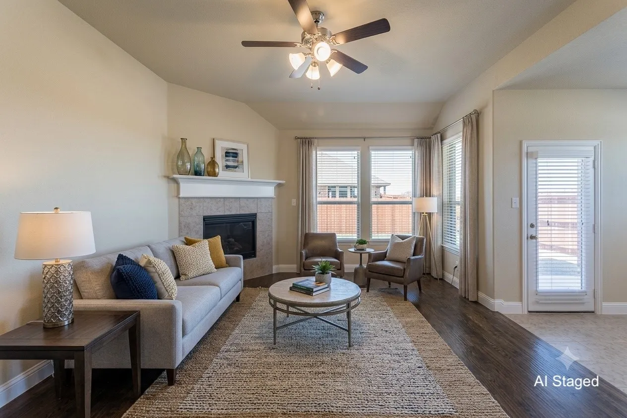 Living area featuring vaulted ceilings, a ceiling fan, a fireplace with a tiled surround and mantel, wood-finish flooring, and multiple windows