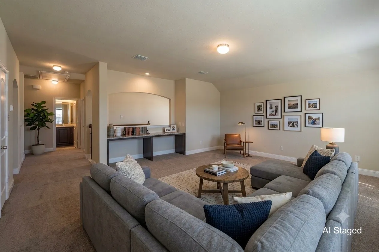 Spacious bonus room featuring neutral carpeting, recessed ceiling lighting, and a built-in archway nook