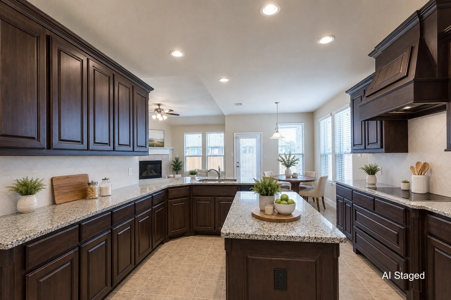Spacious kitchen featuring dark wood cabinetry, light granite countertops, a diagonal tile backsplash, recessed lighting, and a central island