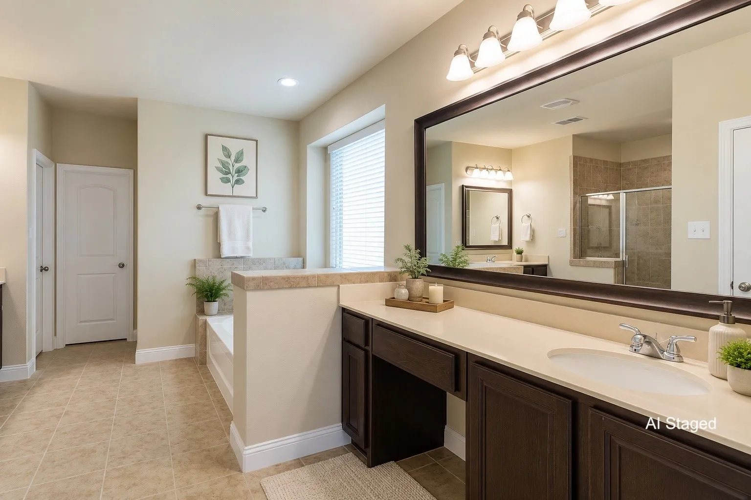 Bathroom featuring an expansive vanity with double sinks, dark wood-finish cabinetry, and a large framed mirror