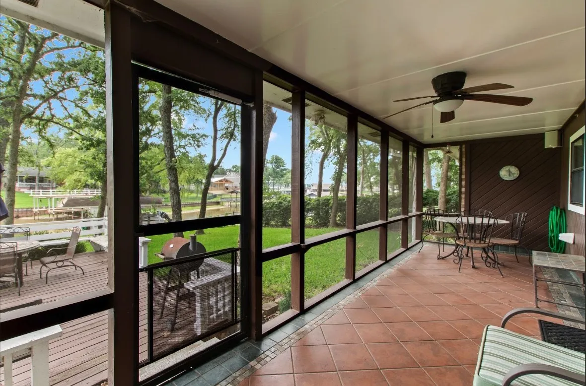 Screened in patio looking out to water views