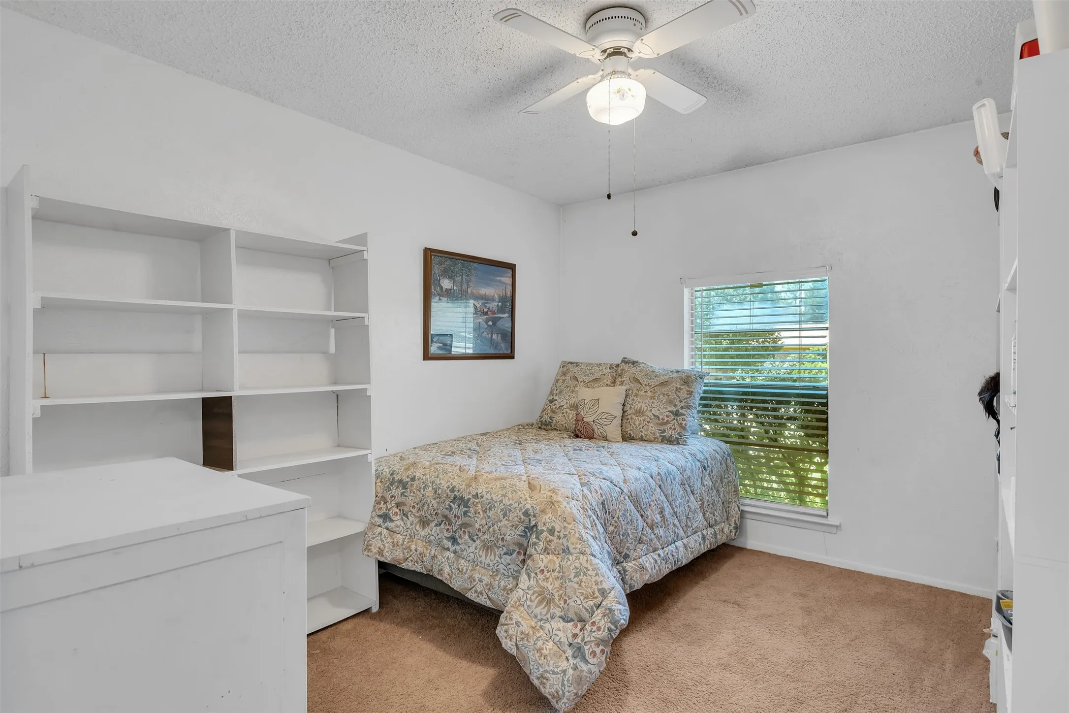 Room featuring a ceiling fan with integrated lighting, a window with horizontal blinds, and carpeted flooring