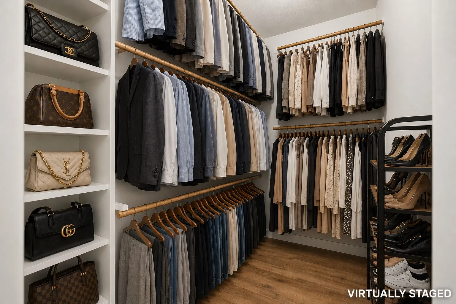 Primary walk in closet. (virtually staged)