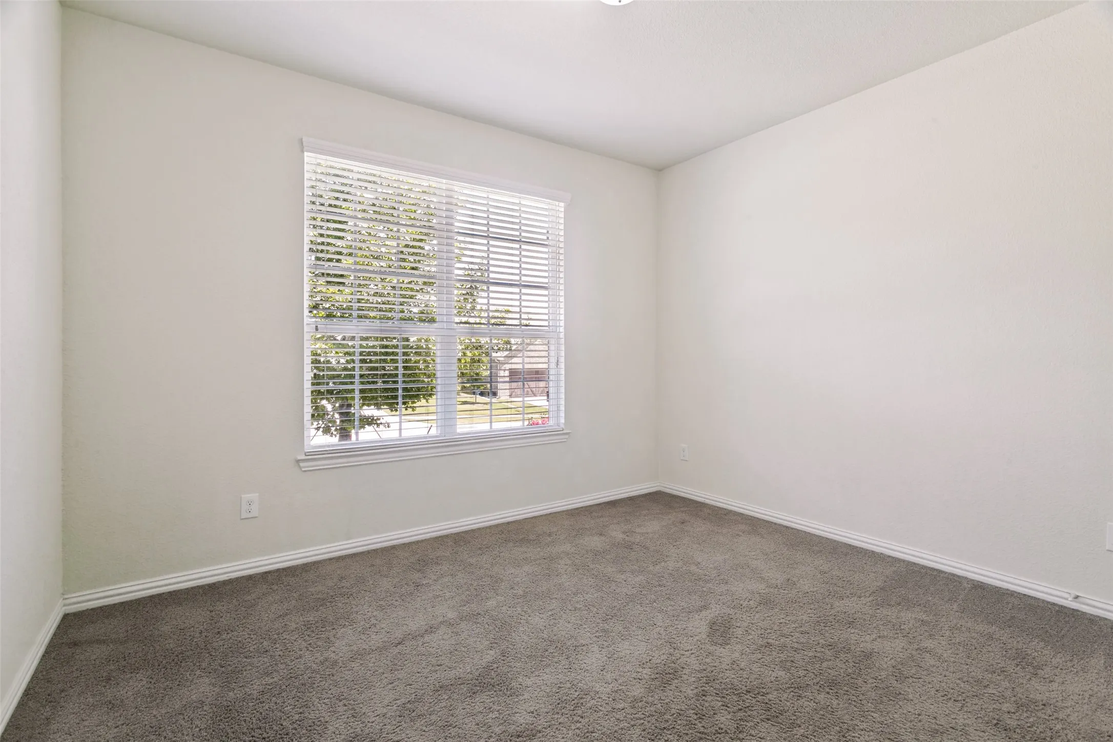 Room featuring neutral tone walls, gray carpet, white baseboards, and a white framed window with blinds