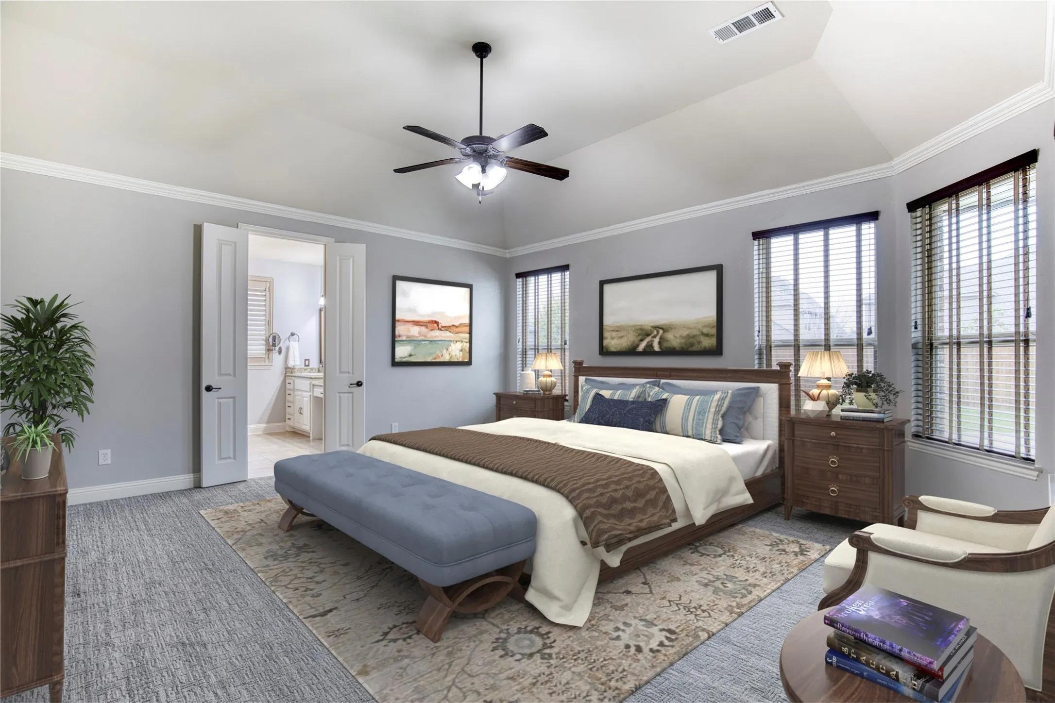 Primary suite with tall ceilings and natural light.